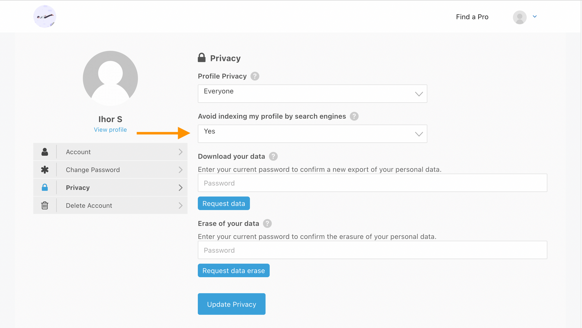 “Avoid indexing my profile by search engines” setting is set to “Yes”