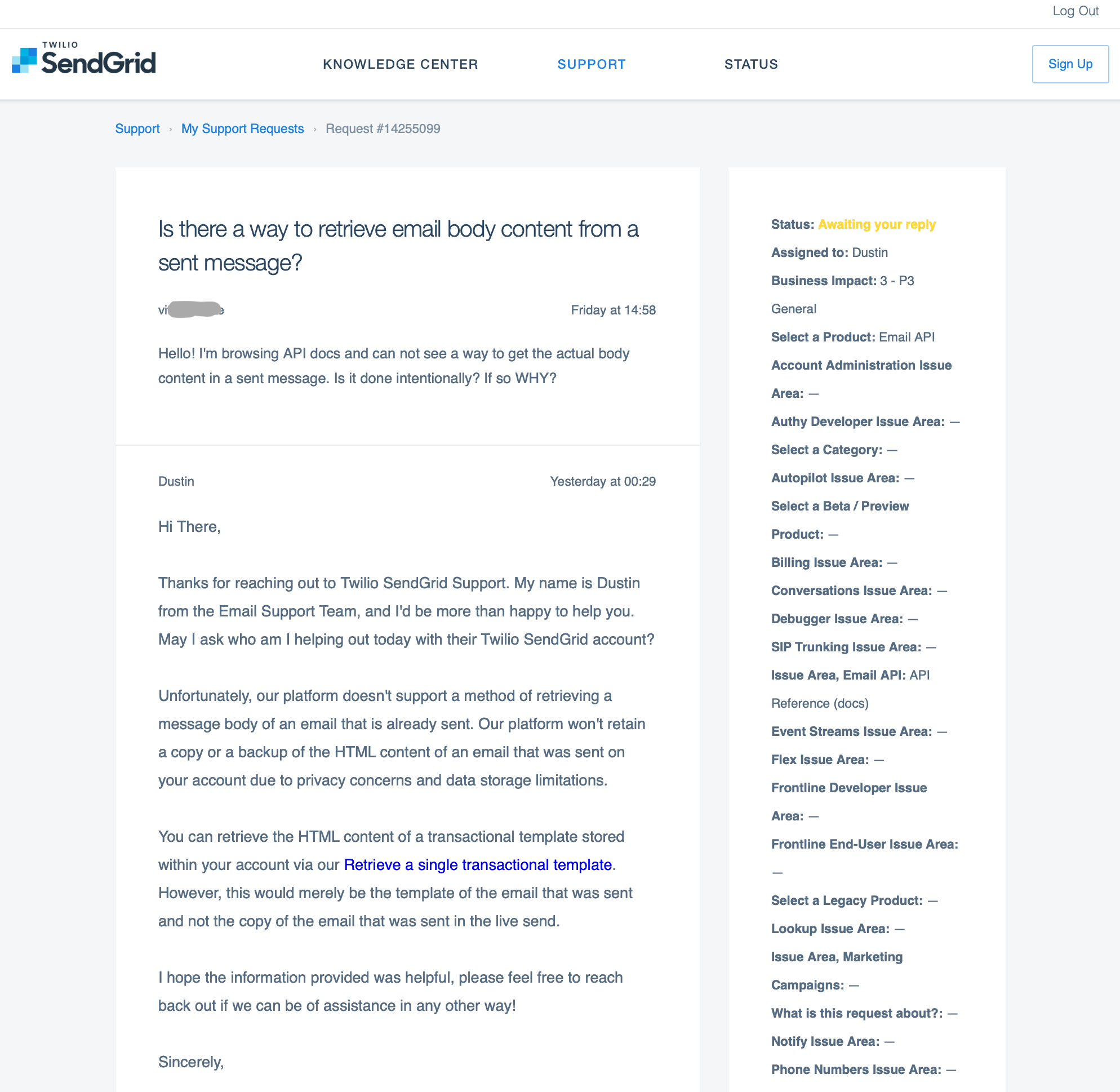 SendGrid support answered that there's no way to retrieve a message body of a sent email.