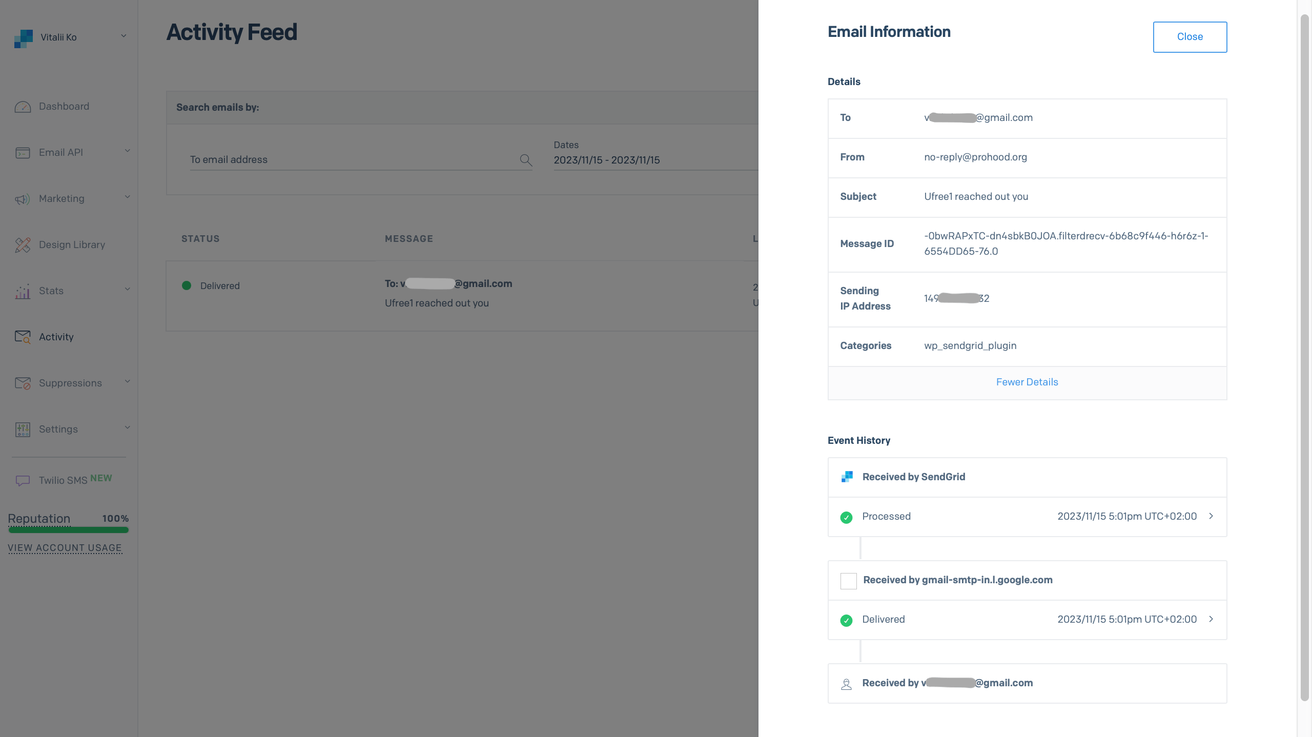 SendGrid Dashboard — Email activity tab